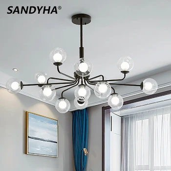 SANDYHA Nordic Черни полилеи вентилатори стъклена топка лампа led лампа за дневна спалня Декор на закрито, Висящи лампа
