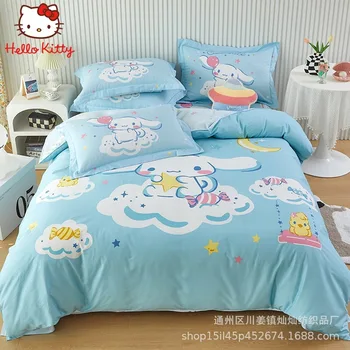 Sanrio Hello Kitty, спалното бельо е от чист памук, Cinnamoroll, карикатура, аниме, стая за момичета, двойно легло, калъфка, цветен кант, 4 бр. костюм
