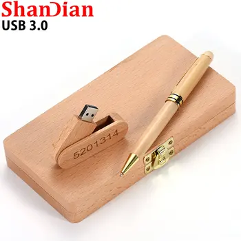 SHANDIAN USB 3.0 писалка-устройство химикалка карта с памет Дървени стик Безплатен потребителски лого 64 GB флаш памет Бизнес подарък кутия за сватба