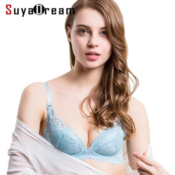 SuyaDream Женски дантелен сутиен, удобни сутиени без банели, подплата от 100% естествена коприна, подплата от черно, розово, бежово, синьо бельо