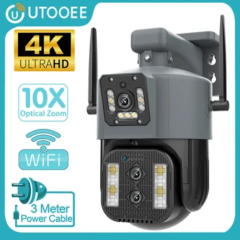 UTOOEE 4K 8MP PTZ Тройна Обектив IP Камера с Двойна Екран, 10x Оптичен Зуум WiFi Външна Камера за Сигурност за Нощно Виждане Автоматично Проследяване