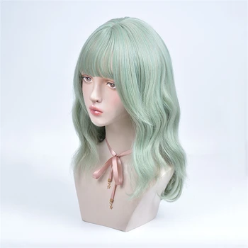 VICWIG средна дължина на вълнообразни зелени перуки за cosplay, изработени от синтетична коса за жени с бретон огнеупорни перука