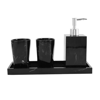 Аксесоари за баня с мраморна текстура, черни, 4 бр., аксесоари за баня от смола с дозатор, държач за четка за зъби, опаковка за сапун