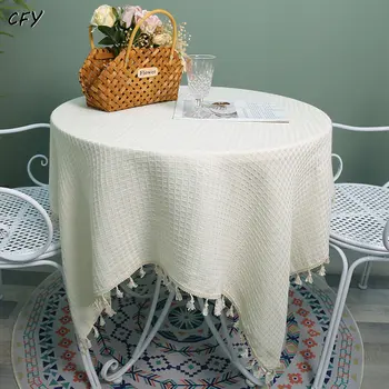 Американски вафли, бельо памучен кръгла покривка на една клетка, бяла покривка с пискюли, за украса на дома масата за хранене