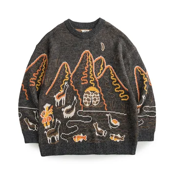 Американският моден пролетта нов ретро пуловер ретро литературни неутрално пуловер пуловер с мультяшными животни, градинска вязаная облекло оверсайз