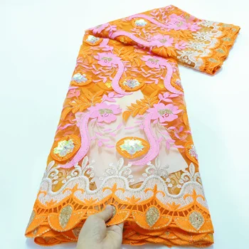 Африкански пайети Мрежест тюл сетчатое дантела оранжев цвят френски окото дантела с високо качество африкански сенегалски дамски рокли за Шиене материал
