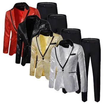 (Блейзери, яке + Панталон Модерен Луксозен Мъжки костюм с пайети, Комплект от 2 теми, Златно/Сребърно/Черно Мъжко Бизнес Рокля за Сватбени партита