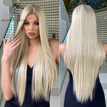 Блондинистый Еднорог Дълъг синтетичен директен омбре блондинистый platinum перука на дантели отпред за жени, cosplay, косата висока плътност, топлоустойчиви