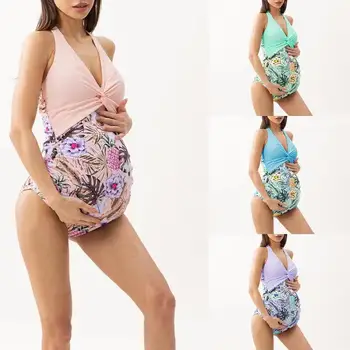 Богемное два тона бикини за бременни, плажно облекло с цветен модел, цял бански костюм за бременни, лоскутный празничен бански