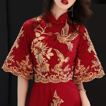 Бордо банкетни рокли в ориенталски стил с бродерия, китайски женски ципао, традиционни сватбени Чонсам, елегантни вечерни рокли