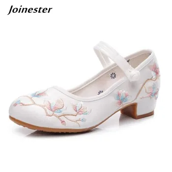 Бродирани дамски обувки-лодка Mary Jane в стил ретро, дамски обувки за танци с каишка на щиколотке, реколта етнически модел обувки, лято-есен, среден наклон