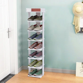 Бял шкаф за обувки с 7 гуми, рафтове за обувки, компактен органайзер за обувки за входната врата