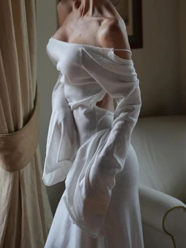 Бяло вязаное плажна рокля с дълъг ръкав, бельо секси коварен макси рокля с отворен гръб, лятното модно бандажное премяна, екипировки 2023