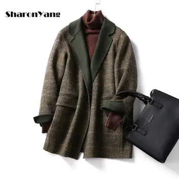 Вълна палто, женски висококачествени зимни палта за жени, връхни дрехи ръчна изработка, дамски клетчатая яке, утепленное двустранно вълна палто