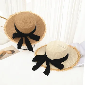 Дамска сламена шапка с пискюли, завързана лък, лятна дамски ежедневни шапка с гъвкава лента, солнцезащитная шапка за плажа