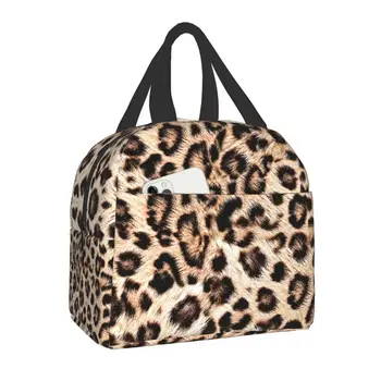 Дамска чанта-тоут с леопардовым принтом, портативен хладилник от животински кожи, термален обяд-бокс за хранене, детски училищни чанти за пикник