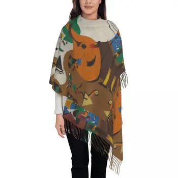 Дамски дълги шалове Dutch Interior I By Joan Miro, дамски зимни есен дебела топла шал с пискюли, абстрактен художествен шал