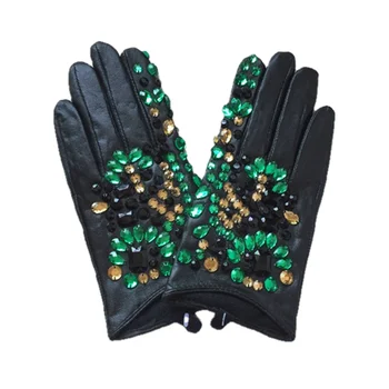 Дамски зимни Ръкавици Femme, Цветни Ръкавици от Естествена Агнешка кожа с Диаманти, Дамски черни Кожени ръкавици