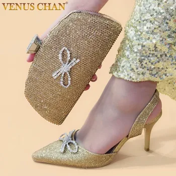 Дамски обувки за сватба Venus Chan златен цвят на висок ток с остър пръсти на 2023 година, сандали с кристали на тънките токчета и чанта в комплекта