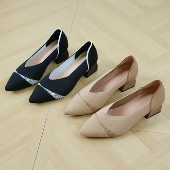 Дамски обувки на висок ток с остър пръсти голям размер 42, ежедневни дишащи тъкани обувки с остри пръсти, модни и красиви обувки на квадратен ток, ново