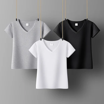 Дамски свитшоты, тениски с V-образно деколте, женски, черно-бял женски дрехи, памучни тениски с къс ръкав за момичета, основни върхове