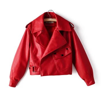 Дамско яке от изкуствена кожа с къс джоб на ревера, мотоциклетът червено кожено яке, дамски ежедневни черно яке от изкуствена кожа