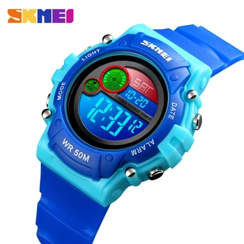 Детски електронни часовници SKMEI, мода водоустойчив led цифров часовник от изкуствена кожа за деца, многофункционални светещи студентски часовници
