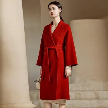 Дълго червено палто дамско зимно свободното си камила палто, женски 2023, ново есен палто от 100% вълна, палто с черен колан, всекидневни модерен стил за междуградски пътувания