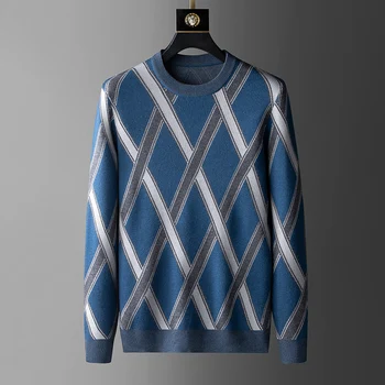 Европейската лукс 2022, нов мъжки вязаный пуловер с кръгло деколте в ивица, оригинални дизайнерски качествен тънък есенно-зимния пуловер, мъжки дрехи