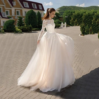 Елегантна плажна сватбена рокля за жените 2023, дантелено сватбена рокля в стил бохо с дълги ръкави, корсет принцеса с кръгло деколте, тюлевое на булката рокля с отворен гръб