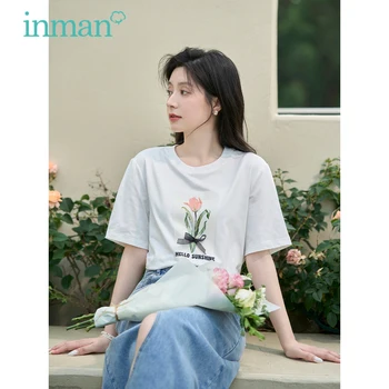 Женска тениска INMAN 2023, Летни Тениски с къс ръкав и кръгло деколте, Свободни Тениски с 3D Цветове на Лалета, Ежедневни Универсални Бяло-Розови Върхове