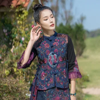 Жилетка за костюма, Тан с бродерия в национален стил, дамски свободна яке без ръкави, реколта ежедневни дамски дрехи от Китай, китайски жилетка