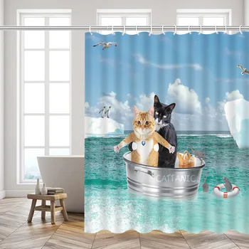 Завеса за душ с кит и котка, синя морска завеса за душ с мультяшными любимци, лятна детска баня, водоустойчив куки за пердета
