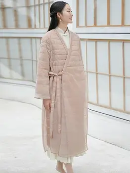 Зимата на национално предното дълго палто с V-образно деколте в китайския ретро стил с дължина до коляното, яке с памучна подплата, палто