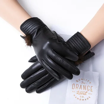 Зимни топли дамски ръкавици от естествена кожа с вълнена подплата за конна езда, черни дамски ръкавици от овча кожа с пълни пръсти