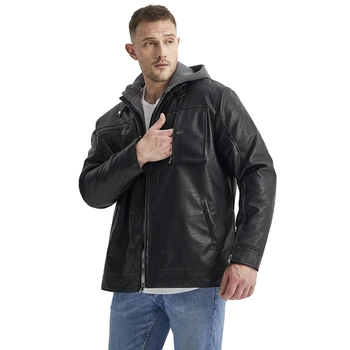 Зимно мъжко яке, модни и ежедневни мотоциклетът кожено яке голям размер, дълги маншети с цип, подвижна яке с качулка