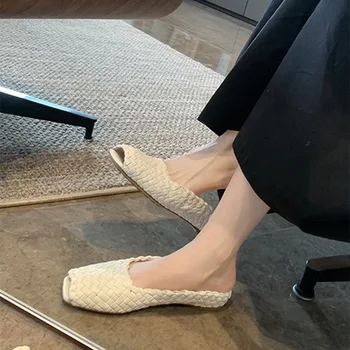 Изсъхнали френски офис дамски ежедневни обувки Мюлер върху плоска подметка, сандали и чехли изработени ръчно, прости ежедневни квадратни