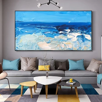 Картина върху платно с ръчно изработени, модерно домашно декоративно стенно изкуство, картина с морски пейзаж, абстрактна нож, живопис с маслени бои, за декора на стените на хола