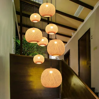 Китайски ресторант Фенер полилей бамбук тканая лампа Чайна Дзен лестничный лампа висока дневна бал лампа салон за красота