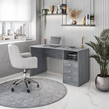 Класически компютърно бюро с много чекмеджета, сиво бюро за офис мебели офис бюро