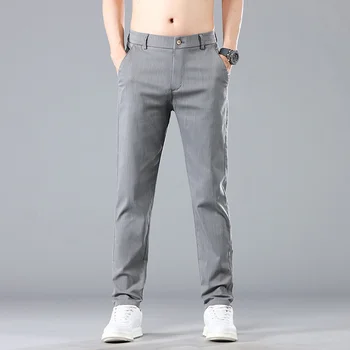 Класически стил, пролетно-летни мъжки тънки сиви ежедневни панталони, бизнес, мода, корейски обикновена панталони с еластичен ластик на талията, мъжки