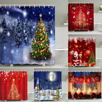Коледен декор под формата на елхи с лосем, червена завеса за душ, водоустойчив, от полиестер, Дядо Коледа, затемняющие завеси за баня, параван за баня