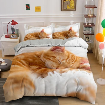 Комплект спално бельо с хубав домашен котка, седалките с принтом животни, единична, двойна, размер King Queen, чаршаф, полиэстеровое одеяло с изображение на коте