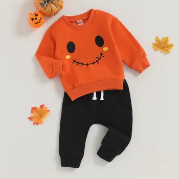Комплекти панталон за новородени момчета от 2 теми есен облекло hoody с смайликом и дълги ръкави и ластични панталони Детски дрехи