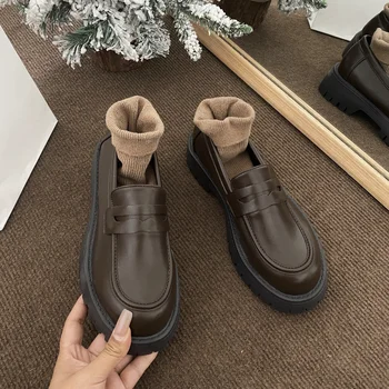 Корпоративна дизайн, обувки на дебелите обувки с токчета в британския стил, дамски обувки на платформа, Лъки обувки, есен 2022, кожени обувки с пръсти в готически стил, дамски кафяви обувки