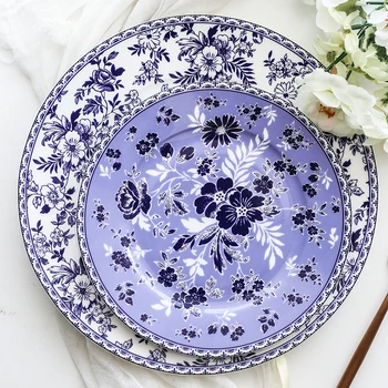 Костен порцелан, креативна синьо-бяла посуда, китайска и западна с чиния, плоска чиния пържола, плодове, висококачествена керамика
