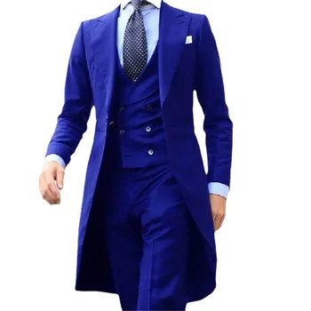 Кралско синьо Официален мъжки костюм от 3 теми, дълъг фрак, жилетка с штанами с ревера, изработена по поръчка мъжки моден костюм 2023