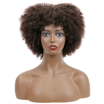 Кратък афро-къдрава перука с бретон, висока разкош, тъмно-кафяви топлоустойчива изкуствена коса, перуки за ежедневна употреба от жени