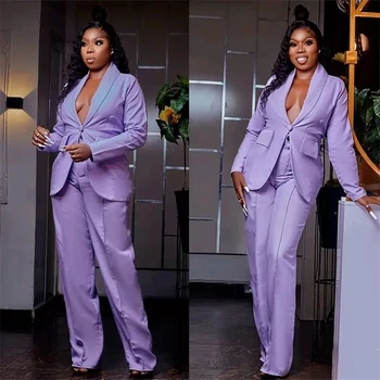 Лилаво женски костюм, сако + панталон, 2 броя, секси яке на една пуговице, плюс размер, ежедневно облекло, рокля по поръчка