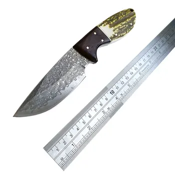 Ловен нож ръчна изработка от ковано желязо дамасской стомана фиксиран нож палисандър + рога с калъф от телешка кожа Походный нож